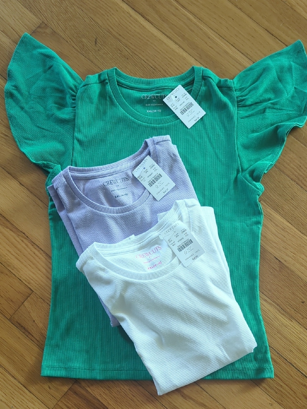 Crewcuts Ribbed Ruffle Sleeve Tees — Green, Lavender & White (3-Pack)